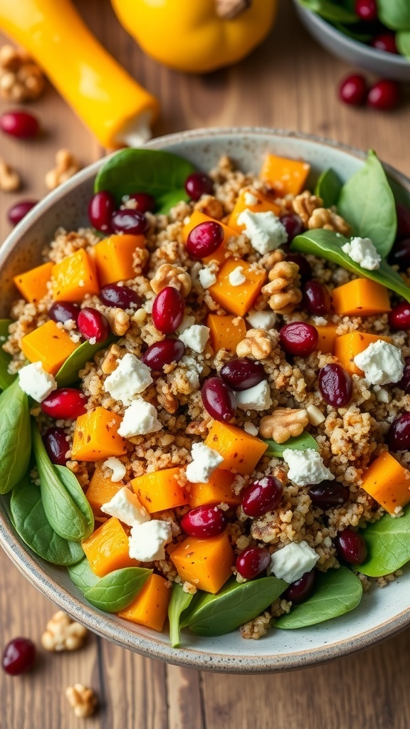 Quinoa Salad with Roasted Butternut Squash A colorful quinoa salad with butternut squash, spinach, cranberries, and feta cheese in a rustic bowl.